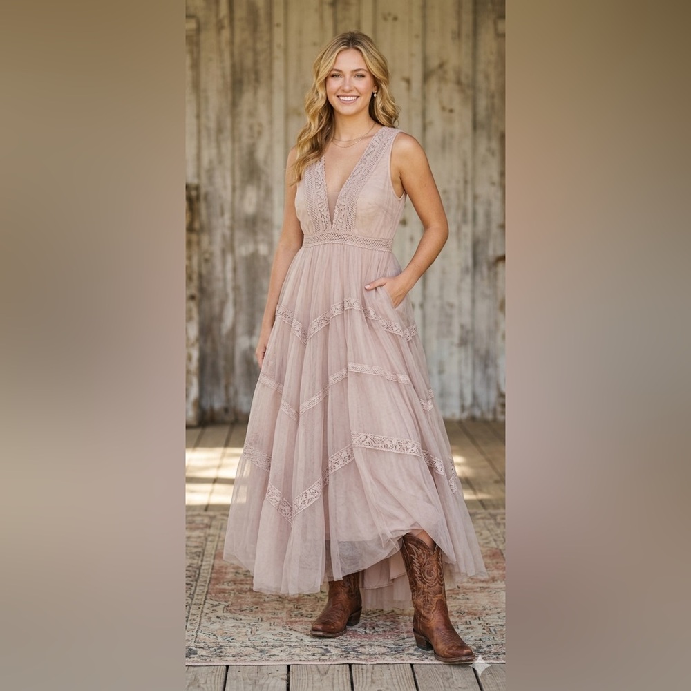 Blue B Tulle lace western Boutique maxi  Dress L